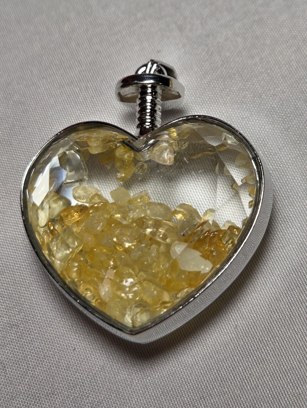 New Citrine Filled Heart Shaker Pendant Necklace - Silver Frame